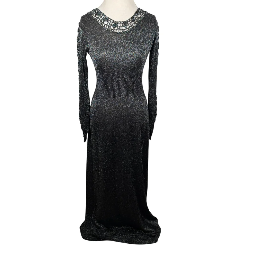 Vintage Black Metallic Shimmer Maxi Bodycon Dress Stretch Crochet Size S/M - Picture 2 of 14